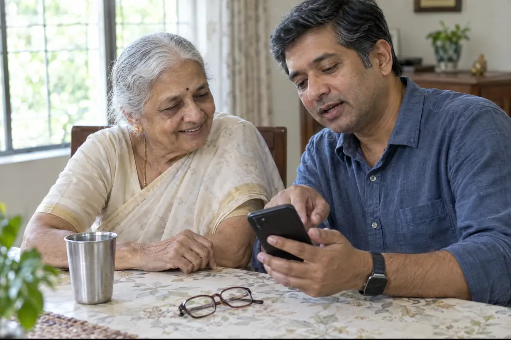 A son explains something on his phone to his elderly mother at the dining table
